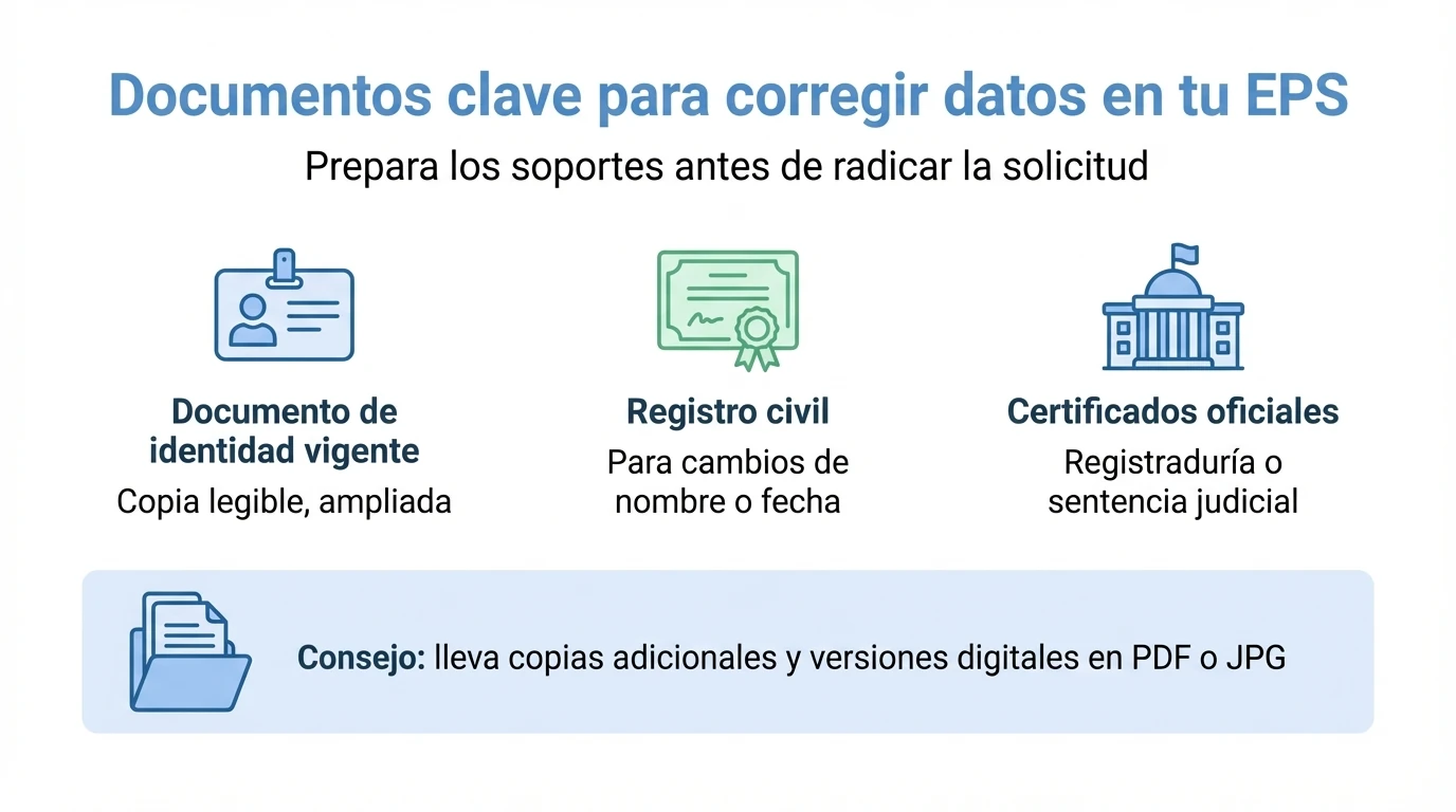 Infografía con checklist de documentos necesarios para corregir datos en la afiliación a una EPS.